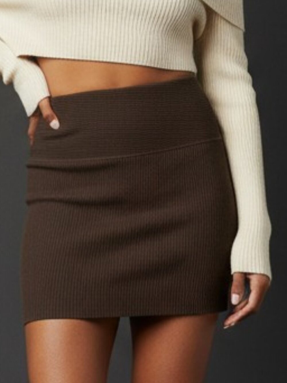 Aritzia Babaton Sculpt Knit Ribbed Mini Skirt In Brown XS